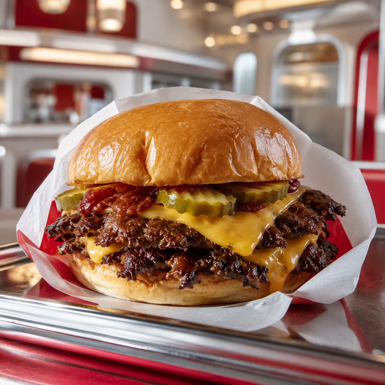 Smash burger com queijo, picles e molho da casa